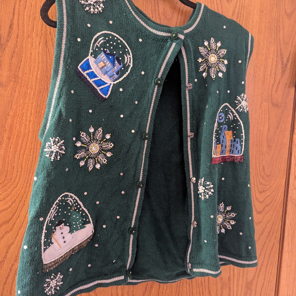 Green Holiday Themed Vest with Snow Globe Designs